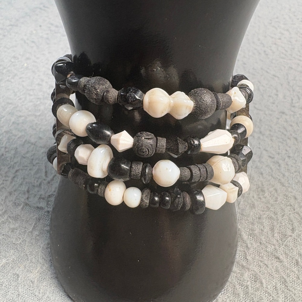 Vintage Black and White Beaded Multi Strand Memory Wire Wrap Cuff Bracelet
